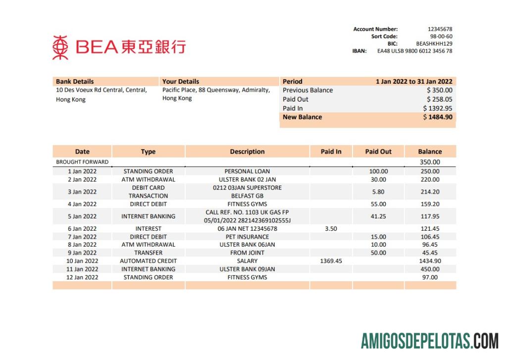 Modelo de extrato bancário BEA de Hong Kong